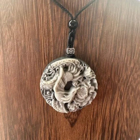 Tai Chi Stone Phoenix an Dragon Pendant Necklace on Black Adjustable Rope - Picture 3 of 13